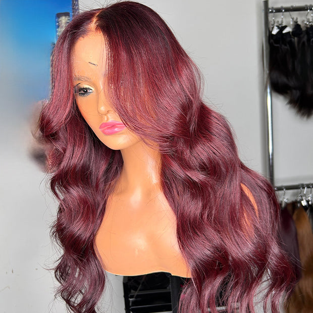 Burgundy Red Body Wave Glueless Wig With Curtain Bangs 13x4/5x5 HD Lace Closure wig