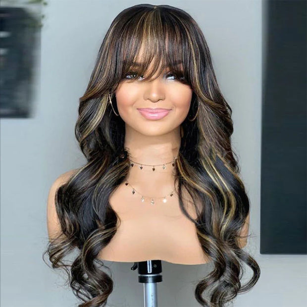 Highlights Body Wave Wig with Bangs Glueless Throw on & Go Cost-effective Wig Machinemade