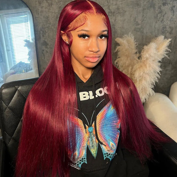 Clearance Sale|99J Burgundy Transparent Lace Frontal Wig Straight Human Hair for Women Flash Sale