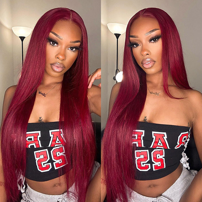 Clearance Sale|99J Burgundy Transparent Lace Frontal Wig Straight Human Hair for Women Flash Sale