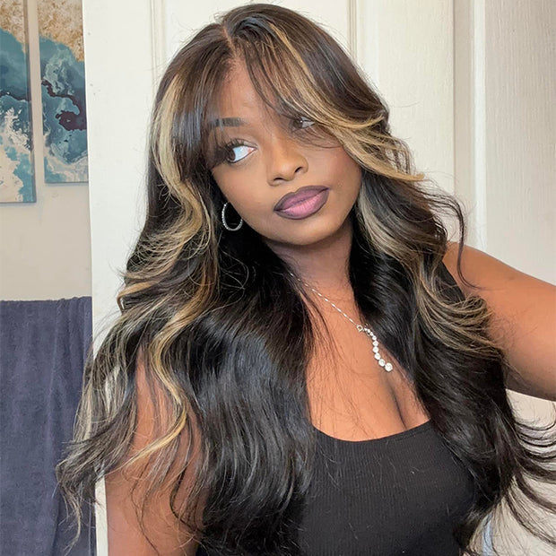 Glueless Curtain Bangs Body Wave Pre Cut HD Lace Wig Butterfly Hair Cut Highlight Honey Blonde Wig