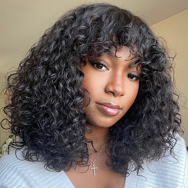 $99 BUY 1 GET 1 FREE|Curly Short Bob Wig With Bangs Full Machinemade Human Hair Wigs Glueless Beginner Friendly 180% Density