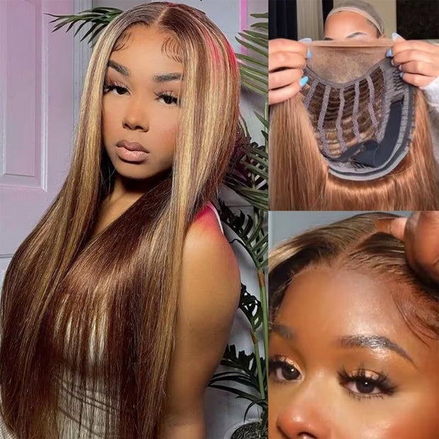 8x5 HD Lace Wear & Go Honey Blonde Highlight Straight Hair 4x4  Pre-Cut Lace Glueless Closure Wig