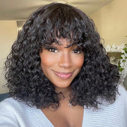 $99 BUY 1 GET 1 FREE|Curly Short Bob Wig With Bangs Full Machinemade Human Hair Wigs Glueless Beginner Friendly 180% Density