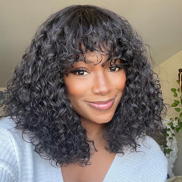 $99 BUY 1 GET 1 FREE|Curly Short Bob Wig With Bangs Full Machinemade Human Hair Wigs Glueless Beginner Friendly 180% Density