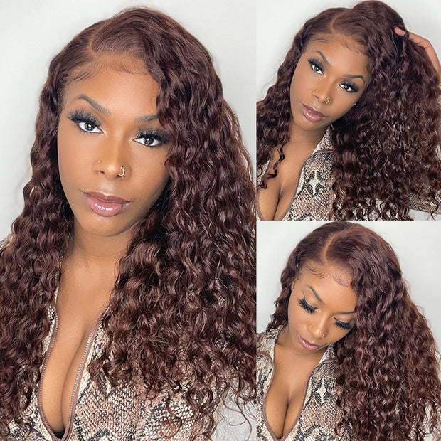 Chocolate Brown Deep Wave Transparent Lace Front Wigs 100% Human Hair