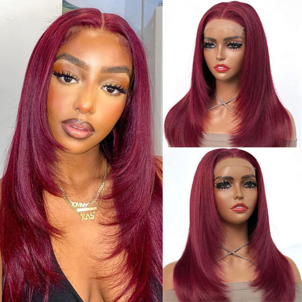 Layered Cut Glueless Burgundy Lace Front Human Hair Wig 99J Wine Red Colored 13x4 HD Transparent Lace Frontal Wig