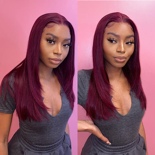 Layered Cut Glueless Burgundy Lace Front Human Hair Wig 99J Wine Red Colored 13x4 HD Transparent Lace Frontal Wig