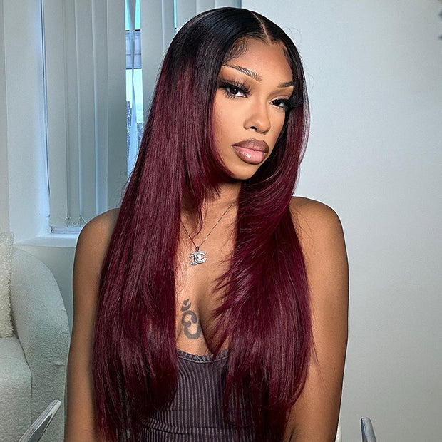 Layered Cut T1B/99J Straight Hair 13x4 HD Lace Front Human Hair Wigs Burgundy Red Colored Transparent Lace Wig