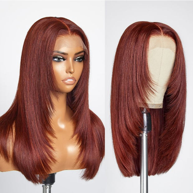 Layered Cut Reddish Brown Glueless 13x4 13x6 Undetectable HD Lace Front 100% Human Hair Wig