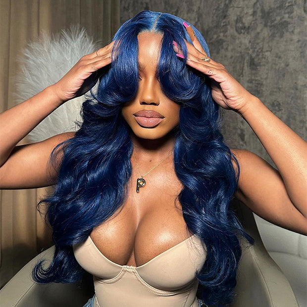 Curtain Bangs Body Wave Human Hair Wig Gorgeous Blue 13x4/5x5 HD Lace Closure Human Hair Wig