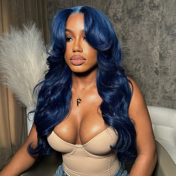 Curtain Bangs Body Wave Human Hair Wig Gorgeous Blue 13x4/5x5 HD Lace Closure Human Hair Wig