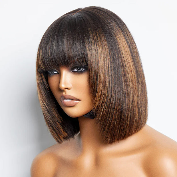 1B/30 Blonde Highlight Bob Wig Layered Cut Glueless Ombre Color Short Straight Human Hair Wigs with Bangs