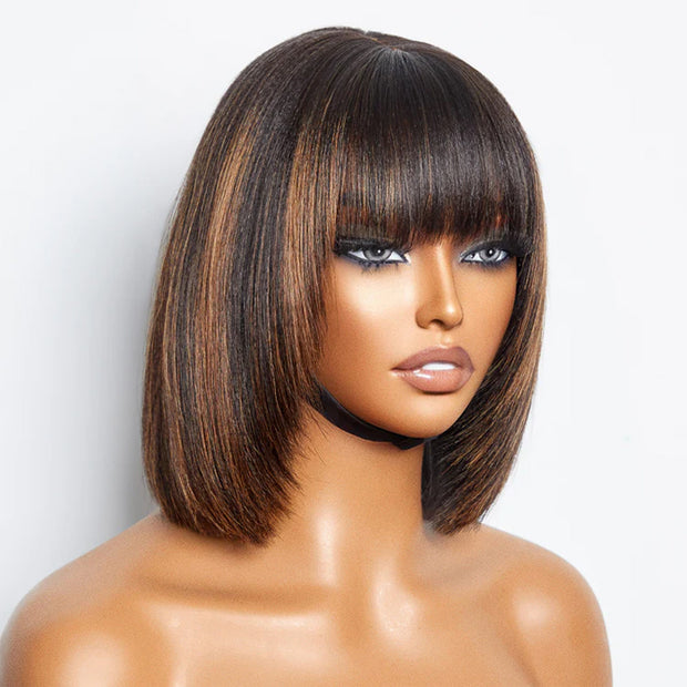1B/30 Blonde Highlight Bob Wig Layered Cut Glueless Ombre Color Short Straight Human Hair Wigs with Bangs