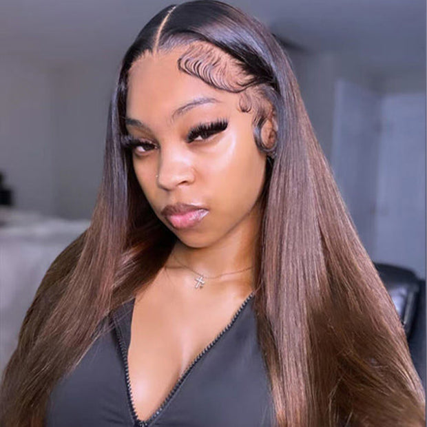 Pre-Bleached Black And Rich Brown Ombre Color Pre Cut Lace Wig 8x5 Glueless Human Hair Wig