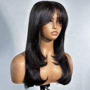 50% OFF| 16''-30'' Curtain Bangs Pre Cut 5x5 8X5 HD Lace Wig Butterfly Cut Straight Human Hair Wigs with Adjustable Strap