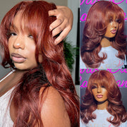 Reddish Brown Body Wave Wig With Layered Bangs Glueless Human Hair Wig Easy to Wear