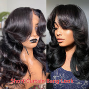 Curtain Bangs 13x4 HD Lace Wig Butterfly Cut Body Wave Human Hair Wigs with Adjustable Strap