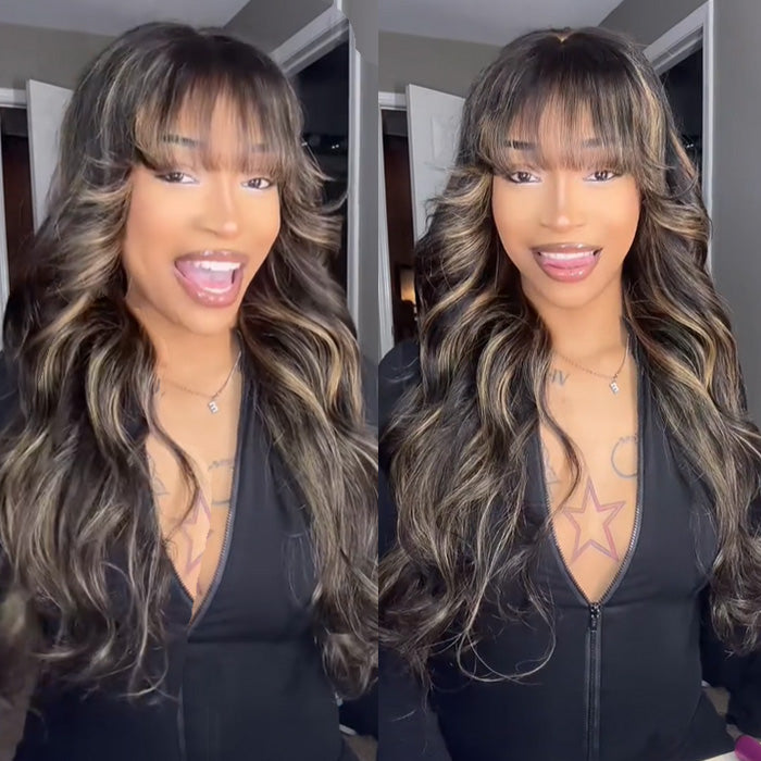 Highlight Honey Blonde Wig With Bangs Ombre Brown Human Hair 4x4/13x4 HD Lace Front Wigs Beginner Friendly