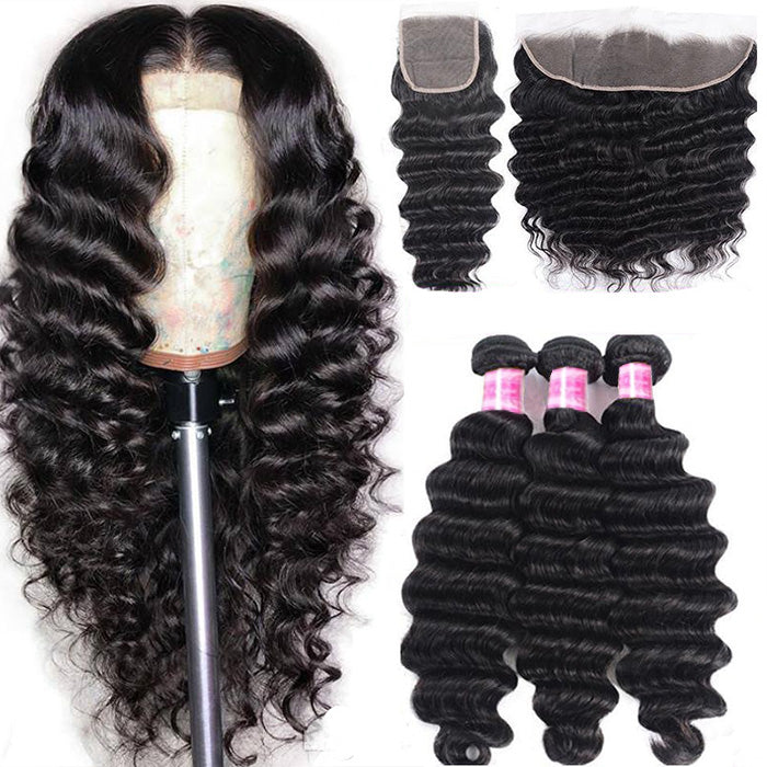 Loose Deep Wave Bundles with Closure Peruvian Hair Bundles with Closure Remy 100% Human Hair Bundles with 4X4 lace Closure