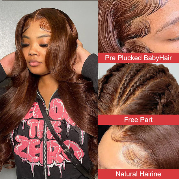 Chocolate Brown Colored 13*4 HD Lace Front Body Wave Wigs With Pre-plucked Hairline Human Hair Wigs