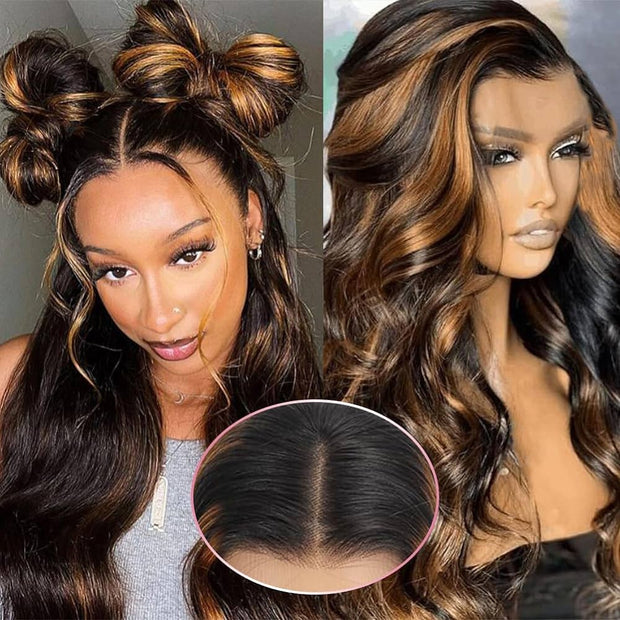 Pre All|Glueless 3D Body Wave Highlights Ombre Brown 13X4 Pre Cut HD Lace Wigs Pre Bleached Pre Plucked Human Hair Wig