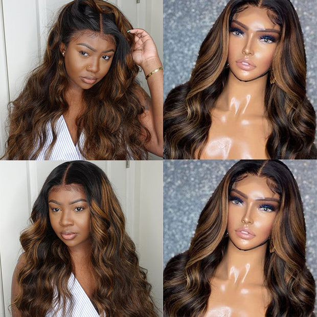 $189=24 Inches Ombre Highlight Body Wave 13x4 Lace Front Glueless Human Hair Wig