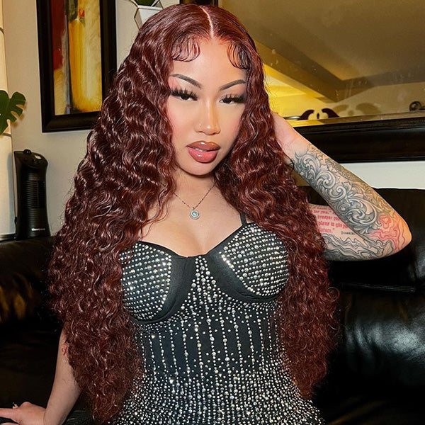 Pull Go Reddish Brown 33# Color Human Hair Water Wave Wig With Adjustable Drawstring Lace Front Wigs Pre-Plucked Hot Color Wigs