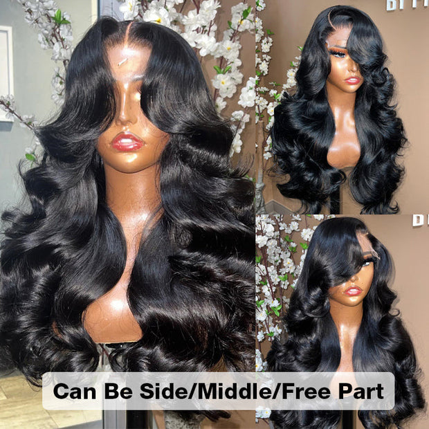 Curtain Bangs 13x4 HD Lace Wig Butterfly Cut Body Wave Human Hair Wigs with Adjustable Strap