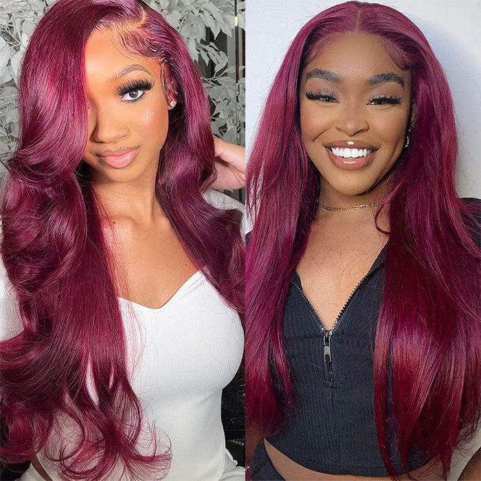 Hot Burgundy Color HD Lace Frontal Wigs 99J Colored Pre-Plucked Remy Human Hair Wigs 180% Density