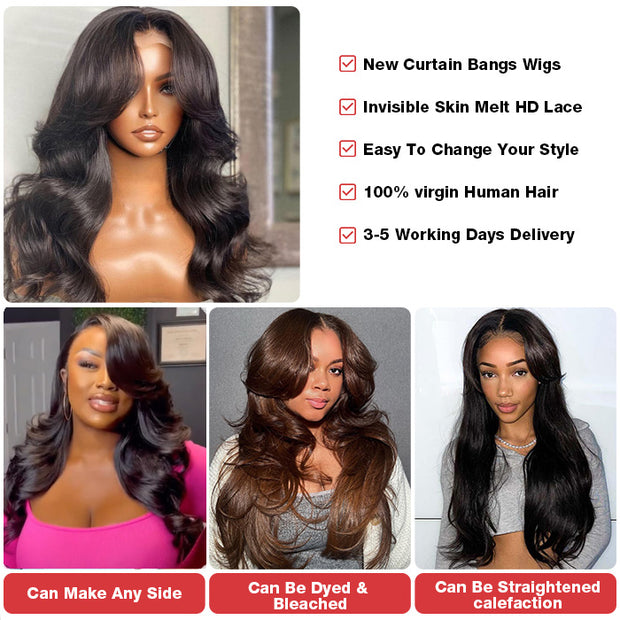 Curtain Bangs 13x4 HD Lace Wig Butterfly Cut Body Wave Human Hair Wigs with Adjustable Strap