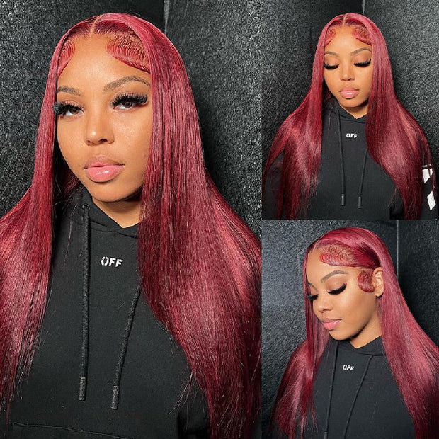Clearance Sale|99J Burgundy Transparent Lace Frontal Wig Straight Human Hair for Women Flash Sale