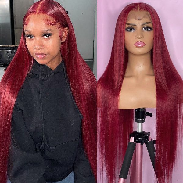 Clearance Sale|99J Burgundy Transparent Lace Frontal Wig Straight Human Hair for Women Flash Sale
