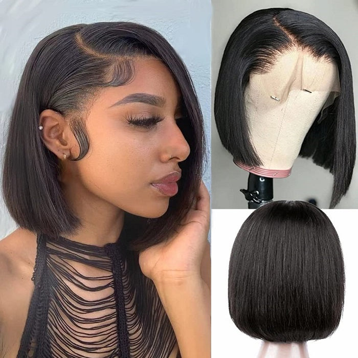 13x4 Blunt Cut Bob Lace Front Wig Human Hair 150% - 220% Density Brazilian Straight Bob Wigs With Baby Hair