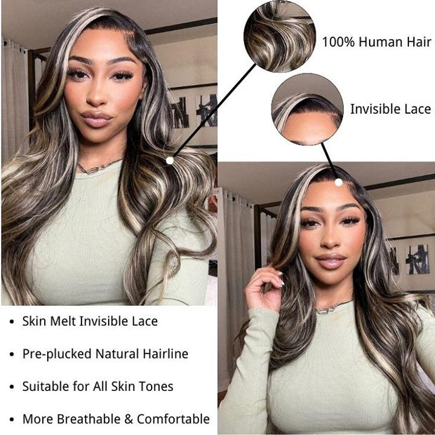 Body Wave Platinum Blonde Highlights Wig 13x4 Lace Front Straight Hair Wigs Human Hair Balayage Color Wig