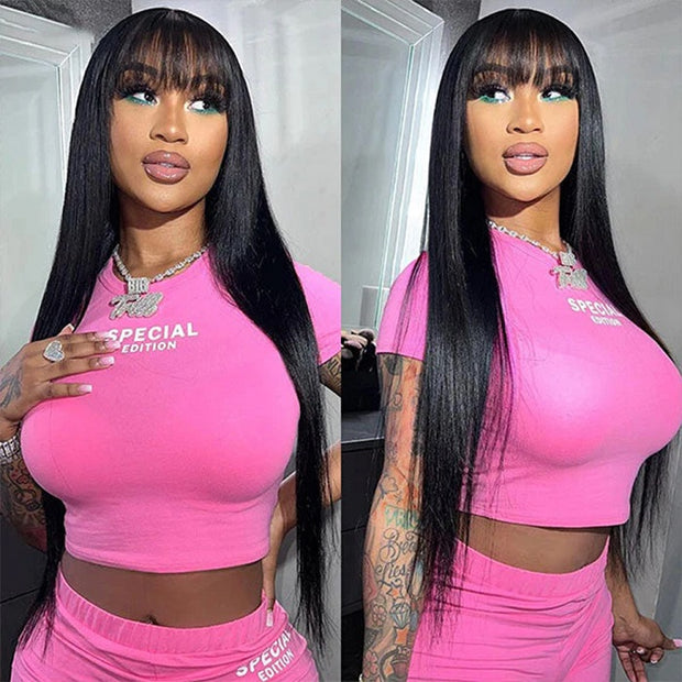 FLASH DEAL Straight Human Hair Wigs With Bangs for Women Half Machine Made Wig