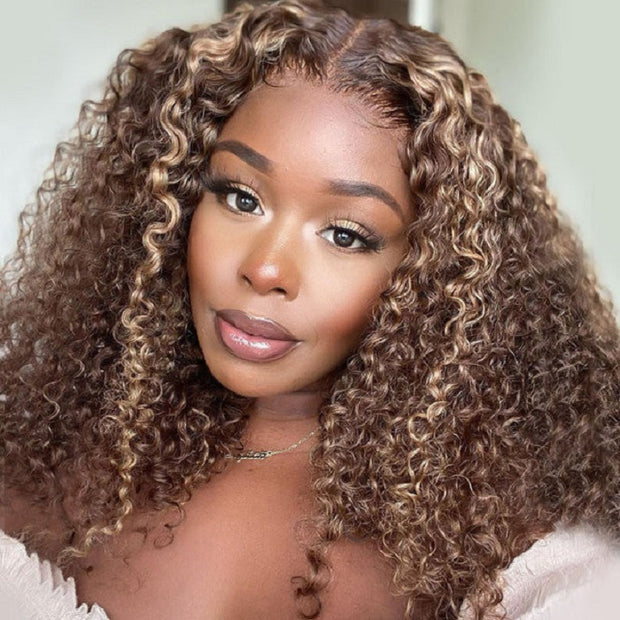 Clearance Sale|Highlight 4/27 Curly Hair HD Lace Wig Honey Blonde Ombre 13x4 Invisible Lace Frontal Human Hair Closure Wig Remy PrePlucked With Baby Hair