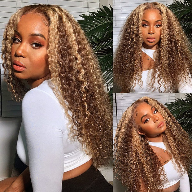 Highlight 4/27 Curly Hair HD Lace Wig Honey Blonde Ombre 13x4 Invisible Lace Frontal Human Hair Closure Wig Remy PrePlucked With Baby Hair