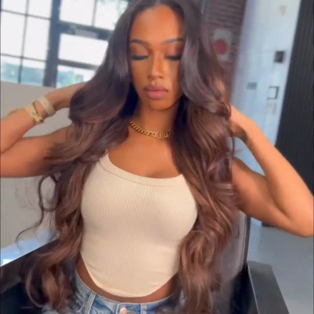 Ombre Chestnut Brown Body Wave Glueless Wig With Dark Roots Put On & Go 13x4 Pre Cut Lace Front Wig