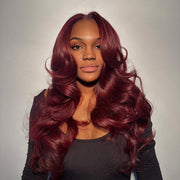 Burgundy Red Body Wave Glueless Wig With Curtain Bangs 13x4/5x5 HD Lace Closure wig