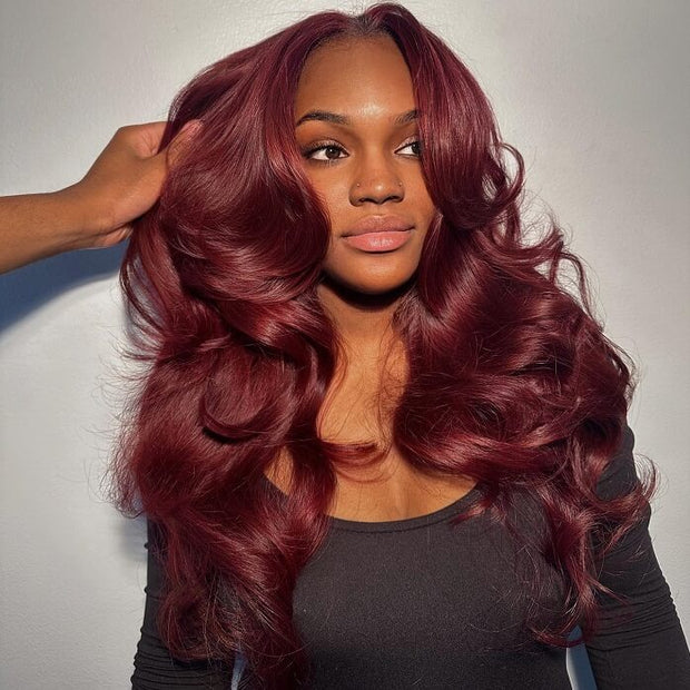 Burgundy Red Body Wave Glueless Wig With Curtain Bangs 13x4/5x5 HD Lace Closure wig