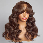 Curtain Bangs 13x4/5x5 HD Lace Body Wave Glueless Wig Butterfly Hair Cut Chestnut Brown Lace Wig