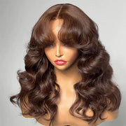 Curtain Bangs 13x4/5x5 HD Lace Body Wave Glueless Wig Butterfly Hair Cut Chestnut Brown Lace Wig