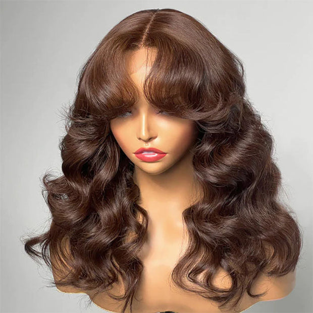 Curtain Bangs 13x4/5x5 HD Lace Body Wave Glueless Wig Butterfly Hair Cut Chestnut Brown Lace Wig