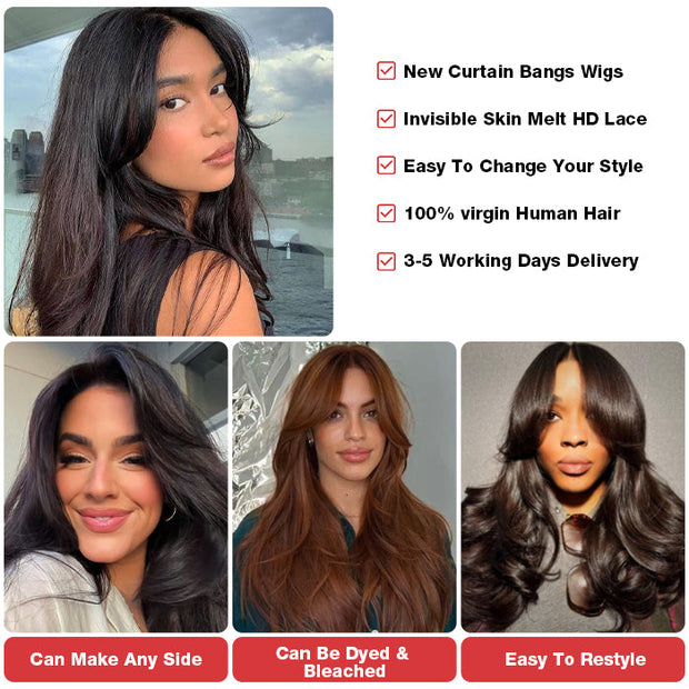Curtain Bangs Pre Cut HD Lace Wig Butterfly Cut Straight Wear & Go Glueless Human Hair Wigs with Adjustable Strap