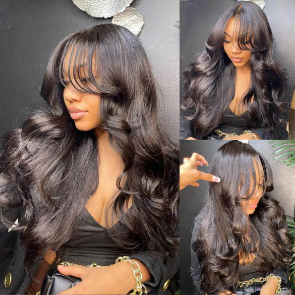 Curtain Bangs 8X5 Pre Cut HD Lace Wig Butterfly Cut Body Wave Glueless Human Hair Wigs with Adjustable Strap