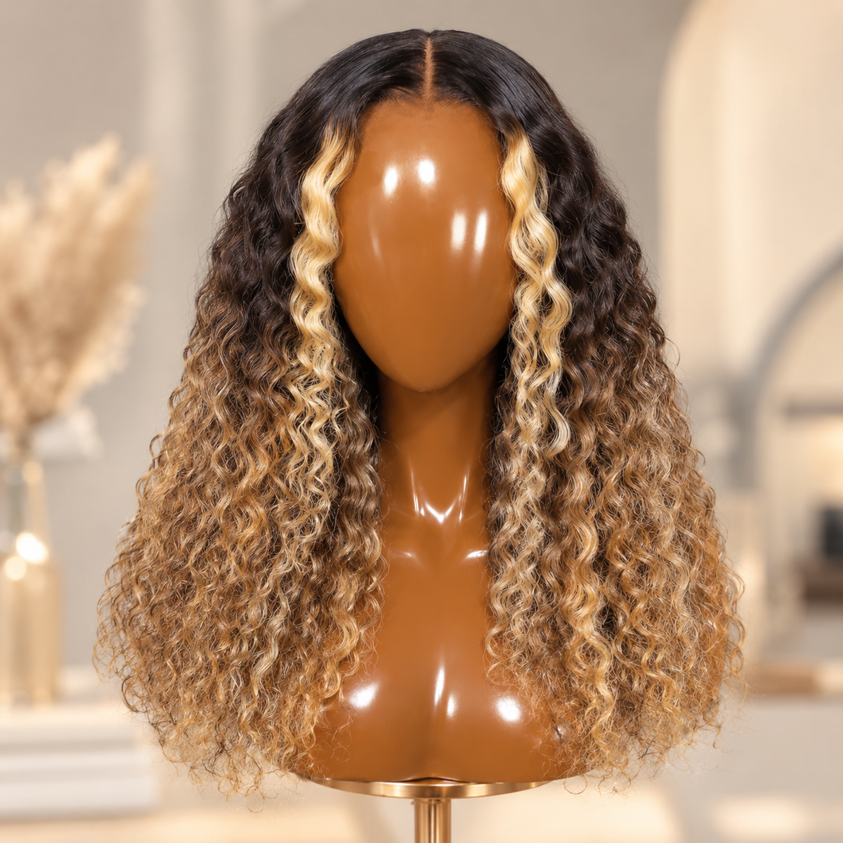 Mannequin head brown to blonde ombre deep wave wig