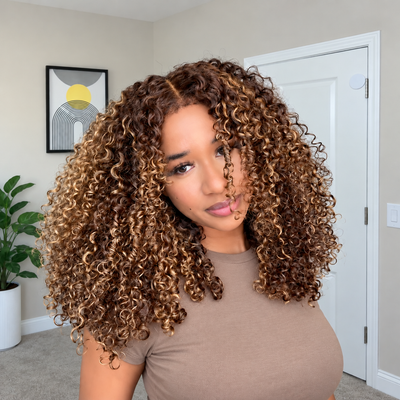 4c Edges Blonde Highlight Curly Glueless Wig Natural Hairline Undetectable HD Lace Front Human Hair Wig