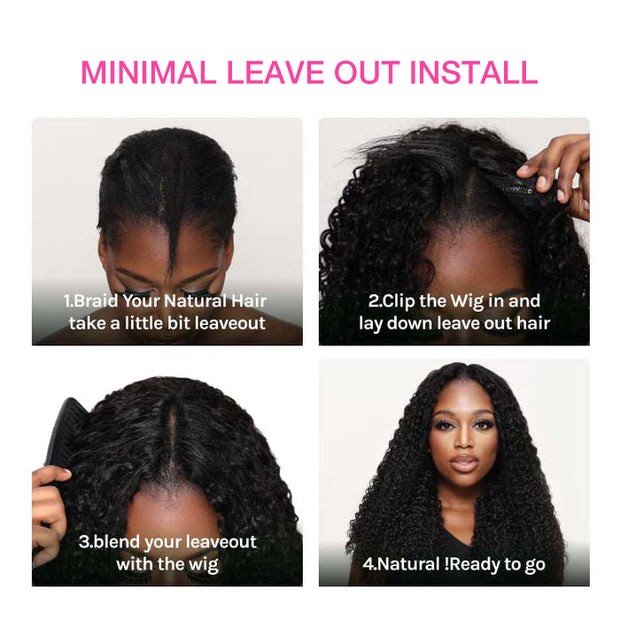 Pull Go V Part Kinky Curly Wig Upgrade Elastic Drawstring Fit All Sizes Put On & Go Glueless  Human Hair Wig Afro Curly Style