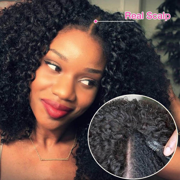 Pull Go V Part Kinky Curly Wig Upgrade Elastic Drawstring Fit All Sizes Put On & Go Glueless  Human Hair Wig Afro Curly Style